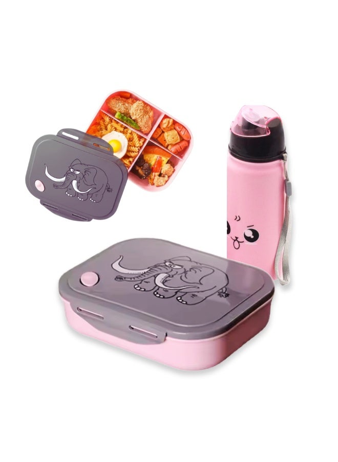 MIZAJIC Bento Lunch Box for Kids with 400ml Water Bottle Leakproof 4 Compartment Food Container Durable Unbreakable & Eco Friendly Lunch Box for School & Picnic Dishwasher Safe (Pink with Bottle) - Image 1